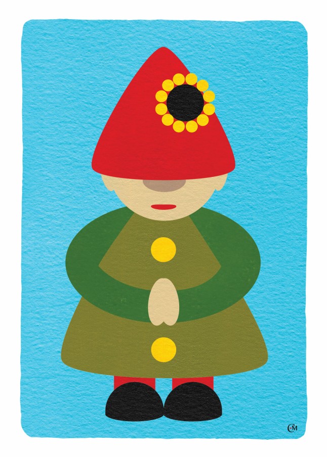 Gnome with red hat and green clothing on a blue background