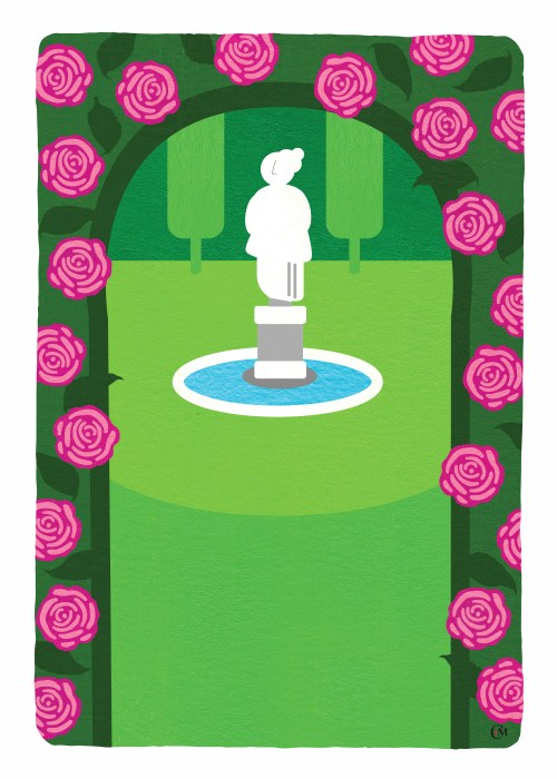 Image of a whimsical formal garden. Through the rose trellis is a statue in the distance that sits atop a small pond. Sculptured evergreen plants form the background.