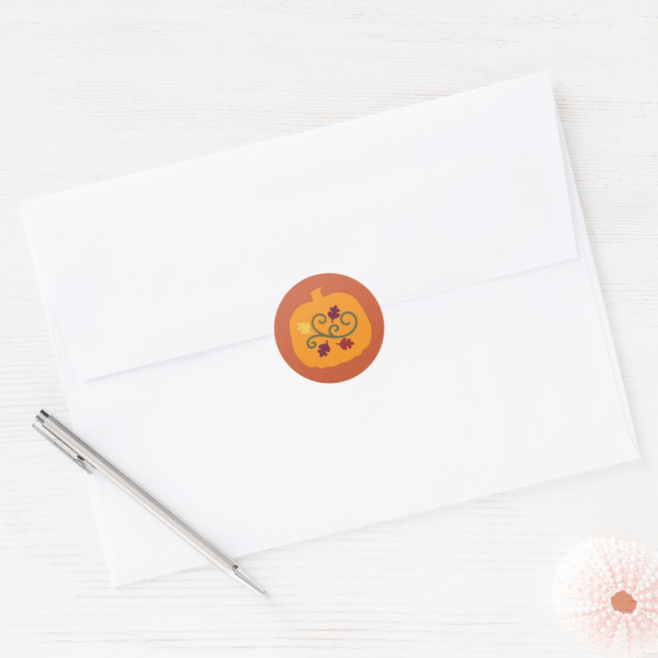 Festive orange pumpkin sticker is the perfect finishing touch to your envelopes, packages, favor/treat bags, gift tags or hand-made items. Pairs with the “Fall Kids Puzzles Activity Card”.