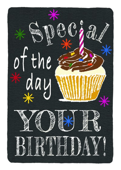 I have a new birthday card design to share. Illustration of a cafe chalkboard with white words, blue, yellow, green, pink, orange and red stars and a cupcake with candle. The candle creates the i in Special. Digital image of hand-painted paper.