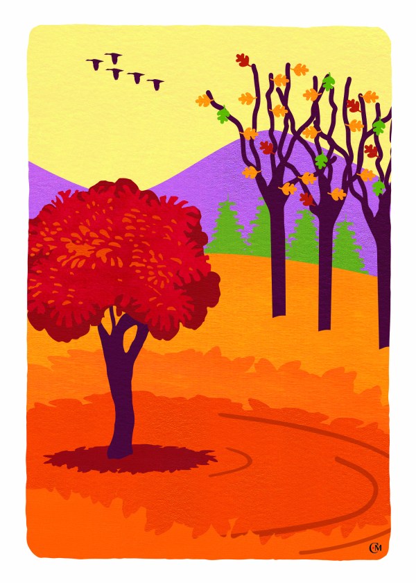Beautiful fall colors in a nature landscape. Red, orange, yellow, cream, green, brown, and purple painted paper used in a digital image.